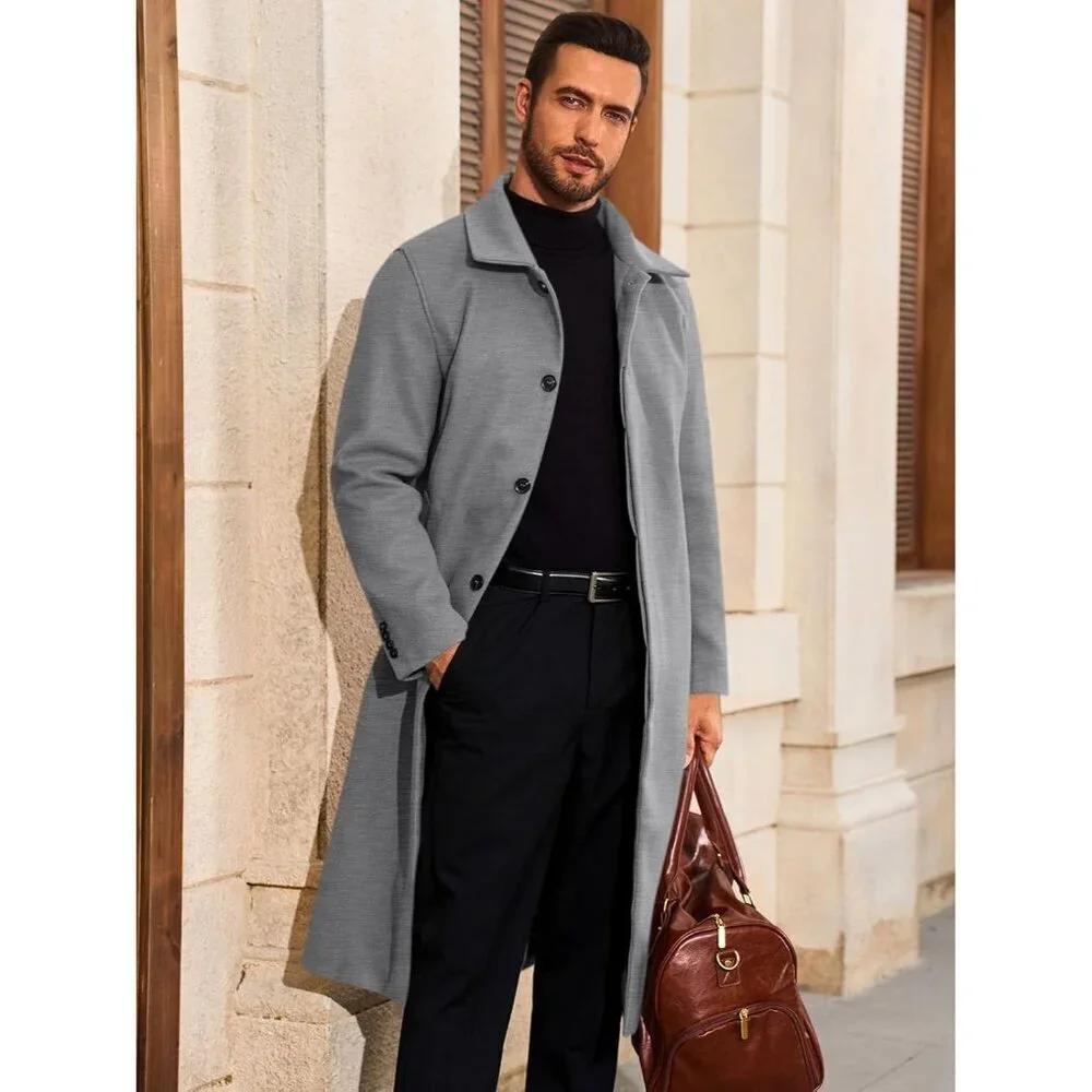 Men's Grey Long Trench Coat Single Breasted Casual Fall Winter Warm Pea Coat